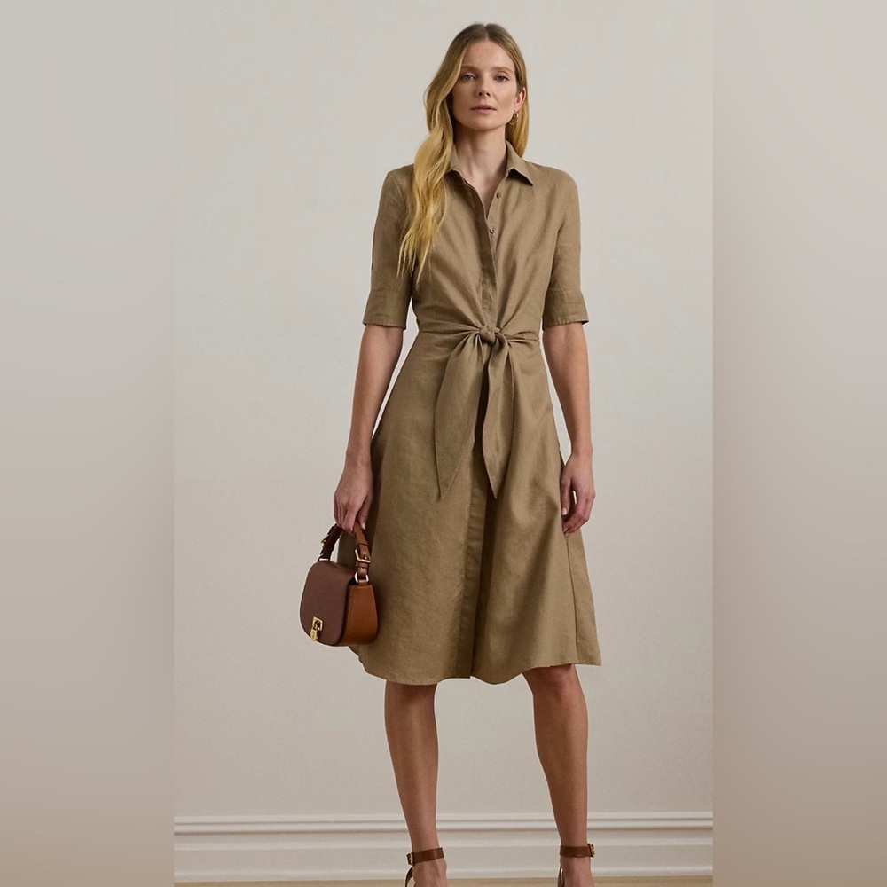 Ralph Lauren Knot-Tie Midi Shirt Dress in Camel Brown